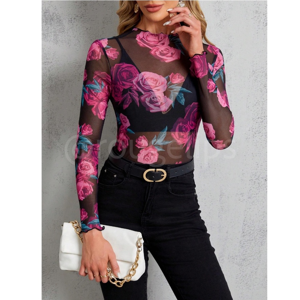 Black Lettuce Trim Long Sleeve Mesh Top Shirt Pink Roses Floral Print - Picture 5 of 8